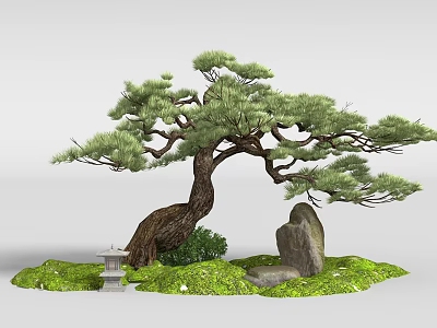 Japanese Garden Ornament with Curved Pine Tree Twisted Trunk Stone Lantern and Green Grass 3d model