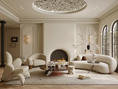 Elegant Cream Tone Living Room Interior With Soft Curved Sofa Cozy Fireplace And Arched Windows 3d model