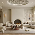 Elegant Cream Tone Living Room Interior With Soft Curved Sofa Cozy Fireplace And Arched Windows