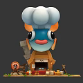 Cartoon Scene Featuring Blue Chef Fish With Cloud Hat Small House And Vegetables Fruits