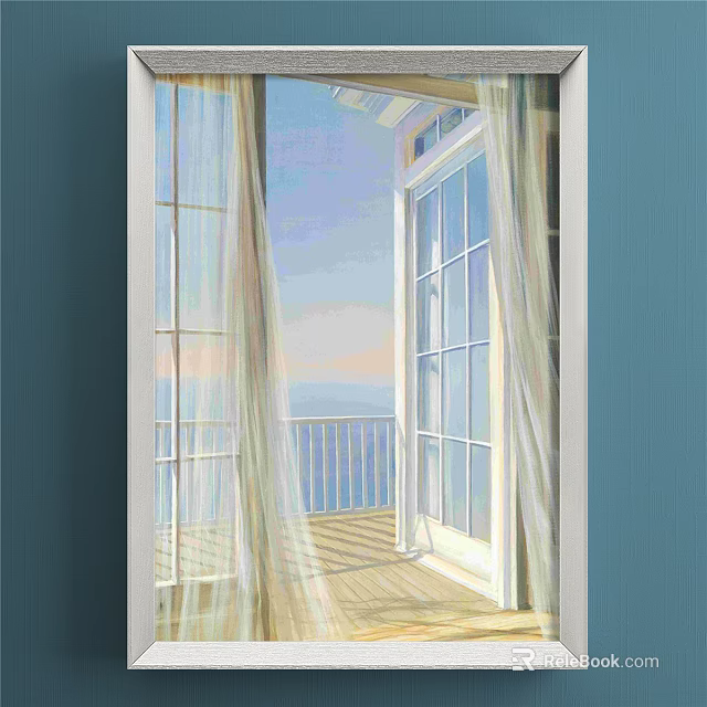Open Door To Balcony With Railing Sea View Sunlight Through White Curtains Blue Walls 3d model 