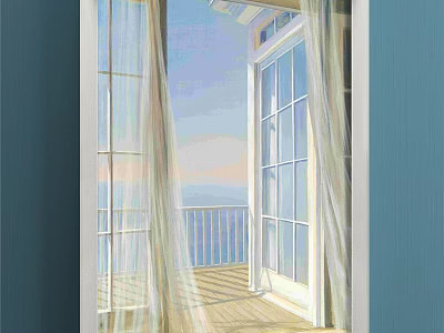 Open Door To Balcony With Railing Sea View Sunlight Through White Curtains Blue Walls 3d model