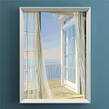Open Door To Balcony With Railing Sea View Sunlight Through White Curtains Blue Walls