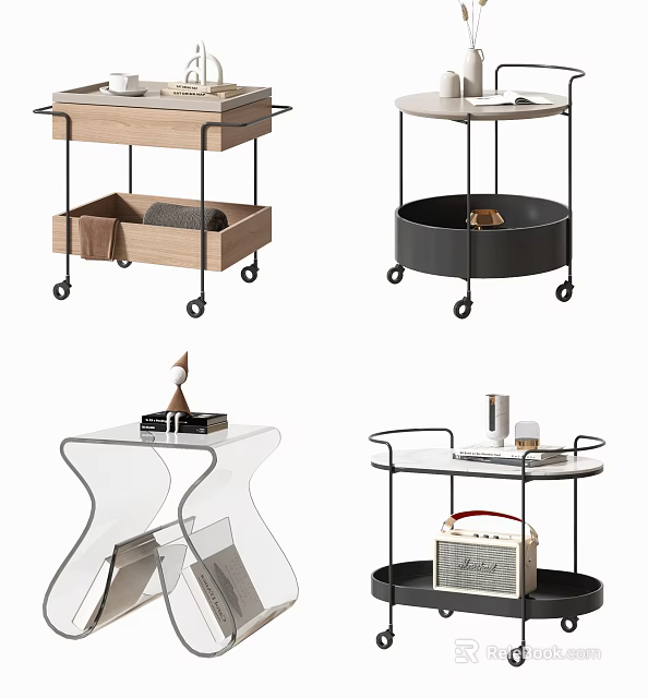 Modern Wheeled Multi Tier Side Tables With Various Wooden Metal Glass Designs 3d model 