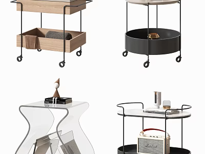 Modern Wheeled Multi Tier Side Tables With Various Wooden Metal Glass Designs 3d model