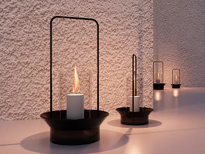 Decorative Ornament Combination Of Black Metal Candle Holders With Lit White Candles In Various Sizes 3d model