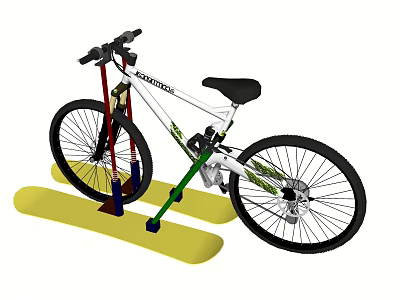 White Mountain Bike With Green Accents Black Tires And Black Seat On Yellow Stand 3d model