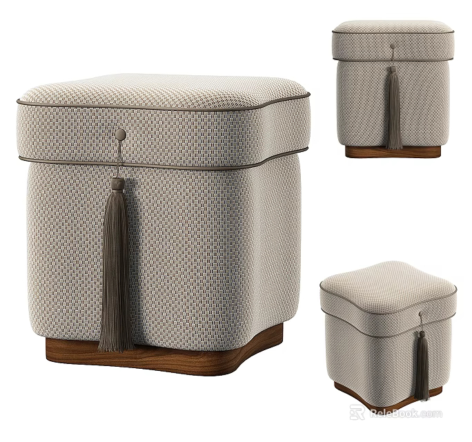 Elegant Upholstered Light Beige Checkerboard Pattern Shoe Bench with Tassel Decoration and Wooden Base 3d model 