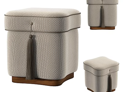 Elegant Upholstered Light Beige Checkerboard Pattern Shoe Bench with Tassel Decoration and Wooden Base 3d model