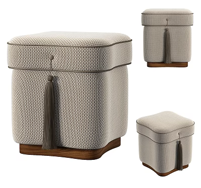 Elegant Upholstered Light Beige Checkerboard Pattern Shoe Bench with Tassel Decoration and Wooden Base 3d model