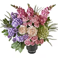 Decorative Flower Arrangement with Pink Roses Purple Hydrangeas and Beige Delphiniums in Black Textured Vase