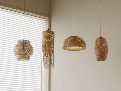 Modern Natural Woven Rattan Pendant Lights Hanging In Room With Window Blinds 3d model