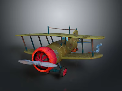 Vintage Biplane Model Airplane Green And Red With Propeller Wheels And Open Cockpit 3d model