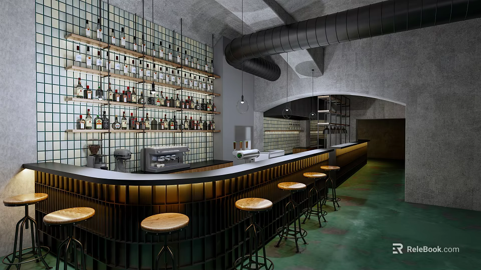 Industrial Style Bar Interior Design With Wooden Stools And Wall Of Alcohol Bottles 3d model 