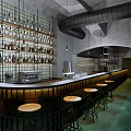 Industrial Style Bar Interior Design With Wooden Stools And Wall Of Alcohol Bottles