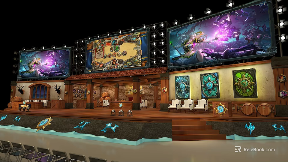 Spacious Ballroom With Stage Large Screens Decorative Paintings And Comfortable Seating Areas 3d model 