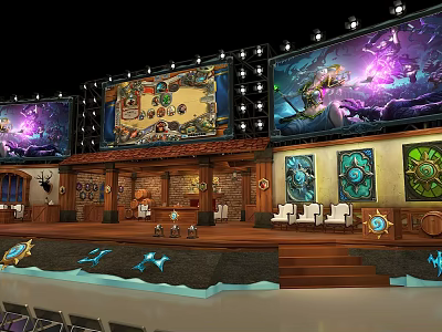 Spacious Ballroom With Stage Large Screens Decorative Paintings And Comfortable Seating Areas 3d model