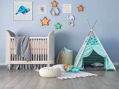 Cozy Baby Crib in Nursery with Blue Wall Star Decorations Tepee Tent and Stuffed Toys 3d model