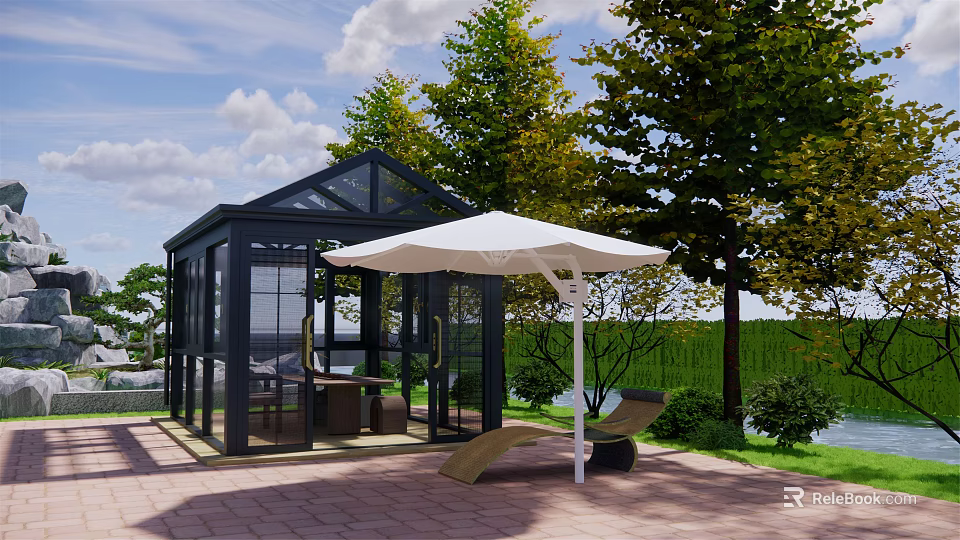 Outdoor Garden Patio Space With Black Glass Pavilion White Umbrella And Green Trees 3d model 