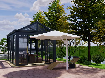Outdoor Garden Patio Space With Black Glass Pavilion White Umbrella And Green Trees 3d model