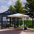 Outdoor Garden Patio Space With Black Glass Pavilion White Umbrella And Green Trees