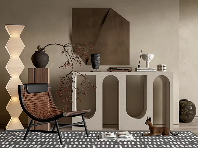 Modern Entryway Console Table With Side Cabinet Decorative Vases And Floor Lamp 3d model
