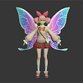Game And Movie Character With Pink Hair Bow Colorful Wings Beige Top Red Pleated Skirt