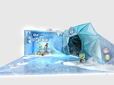 Snowy Theme Event Scene With Ice Castle And Blue Cartoon Characters 3d model
