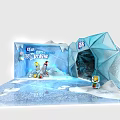 Snowy Theme Event Scene With Ice Castle And Blue Cartoon Characters