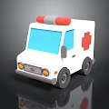White Ambulance With Red Cross Symbol And Red Gray Roof Emergency Lights And Blue Windows