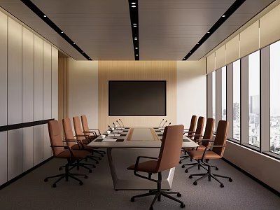 Modern Office Meeting Room With Long Table Brown Chairs Large Screen And City View Windows 3d model