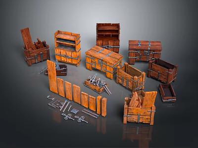 Collection of Various Styles Wooden Crates Open Divided with Metal Fittings and Scattered Planks 3d model