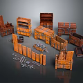 Collection of Various Styles Wooden Crates Open Divided with Metal Fittings and Scattered Planks