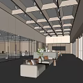 Modern Public Service Hall Featuring Light Colored Walls Grid Skylights Large Glass Windows White Sofas Green Plants