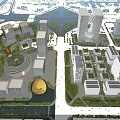 Tall Modern Office Buildings in Urban Area With Green Spaces and Surrounding Roads