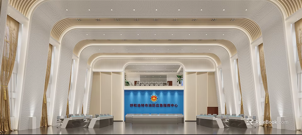 Modern Fire Emergency Monitoring Room Interior With Command Desks And Emblem 3d model 