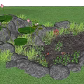 Garden Ornament with Stone Enclosure Pink Lotus Flowers Leaves and Red Fish in Green Grass