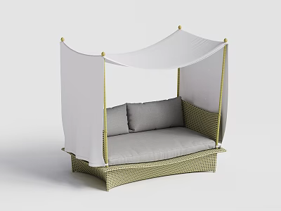 Outdoor Wicker Two Seater Sofa With White Canopy And Gray Cushions 3d model