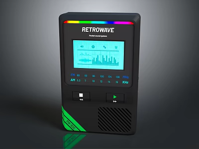 RETROWAVE Frequency Analyzer Device With Black Design Screen Display And Green Blue Interface 3d model