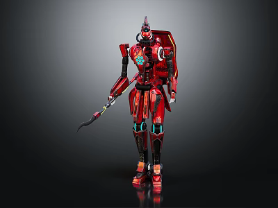 Red Mechanical Robot Character With Futuristic Armor And Weapon In Sci Fi Design 3d model