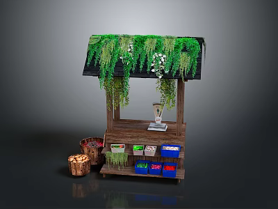 Wooden Market Stall With Green Vines Hanging Colored Boxes And Woven Basket 3d model