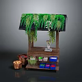 Wooden Market Stall With Green Vines Hanging Colored Boxes And Woven Basket