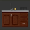 Wooden Kitchen Sink Cabinet With Stainless Steel Double Sink Faucet And Dish Rack