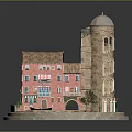 Red Residential Building With Tower Arched Windows Awning And Small Boat By Water Pool