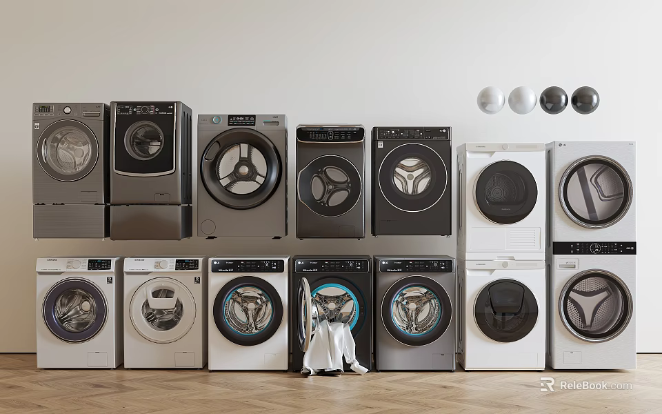 Different Styles And Colors Of Washing Machines Neatly Arranged With Clothes In Front 3d model 