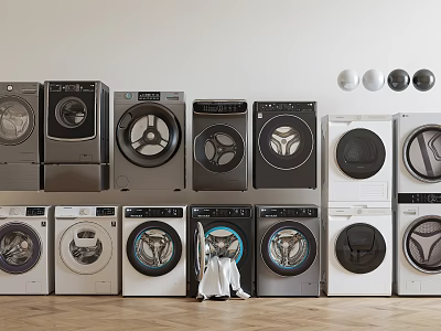 Different Styles And Colors Of Washing Machines Neatly Arranged With Clothes In Front 3d model