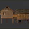 Traditional Wooden Stilt House With Thatched Roof Outdoor Platform And Railings