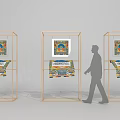 Art Installation With Golden Frame Display Stands And Colorful Artworks For Exhibition