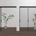 Glass Sliding Doors with Black Frames Indoor Plants White Walls Wooden Floor Ambient Lighting