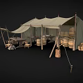 Rustic Campsite Tent Interior With Wooden Table Barrels Stools And Ropes